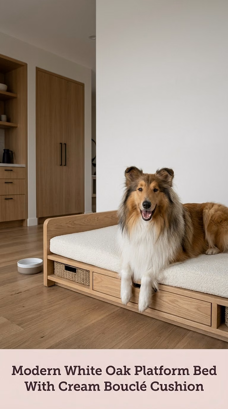 Modern White Oak Platform Bed With Cream Bouclé Cushion