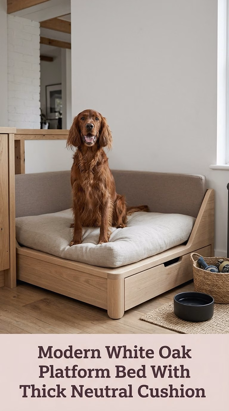 Modern White Oak Platform Bed With Thick Neutral Cushion