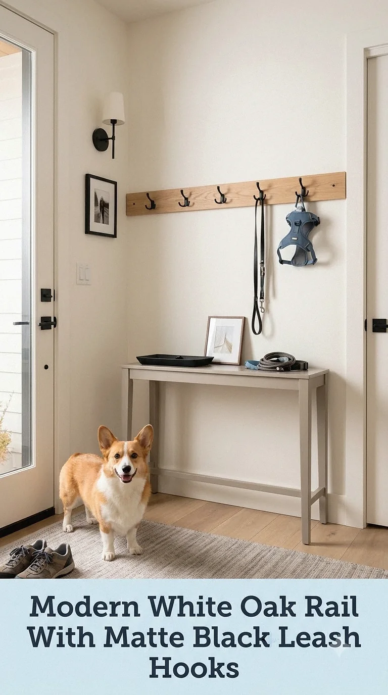 Modern White Oak Rail With Matte Black Leash Hooks