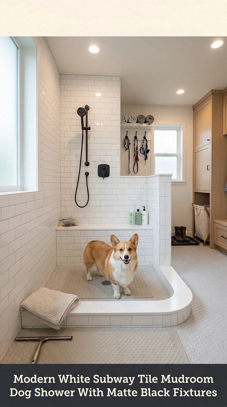Modern White Subway Tile Mudroom Dog Shower With Matte Black Fixtures