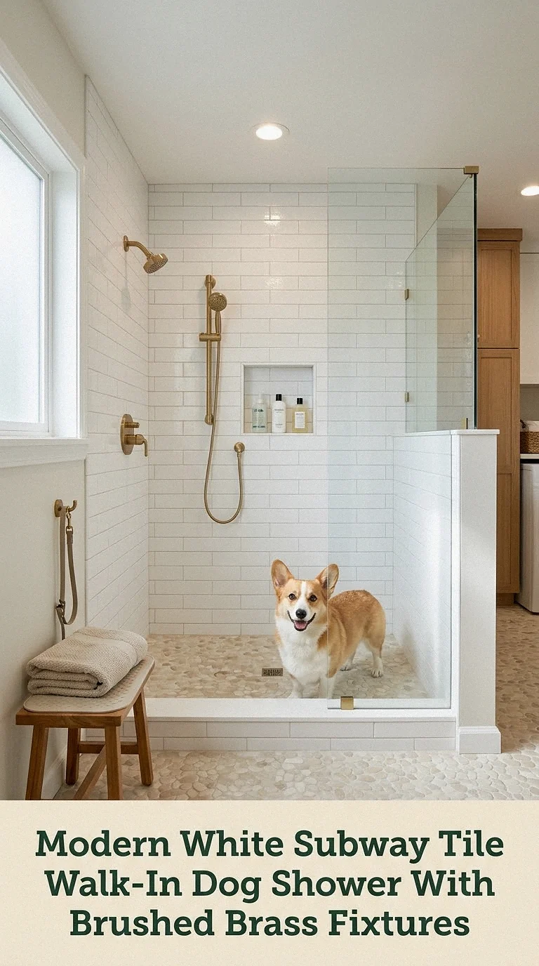 Modern White Subway Tile Walk-In Dog Shower With Brushed Brass Fixtures