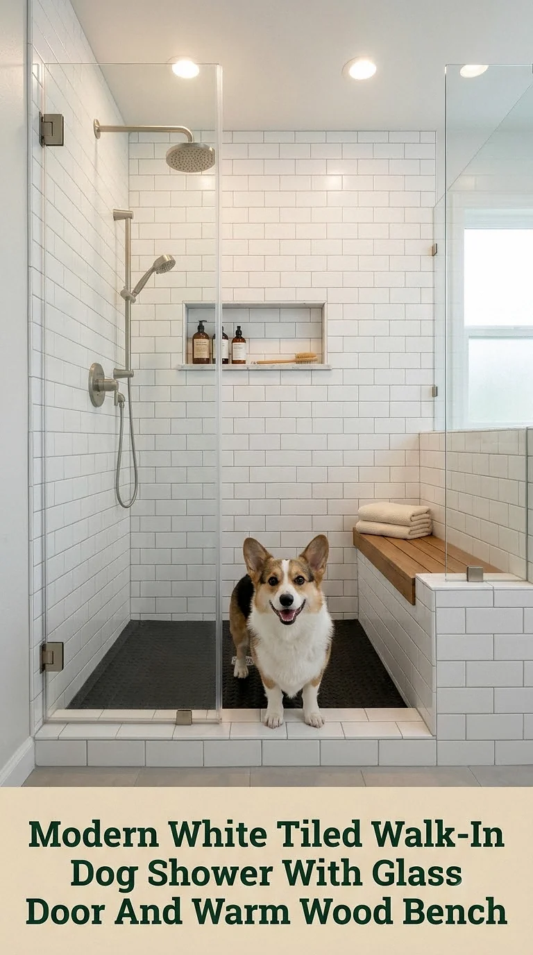 Modern White Tiled Walk-In Dog Shower With Glass Door And Warm Wood Bench