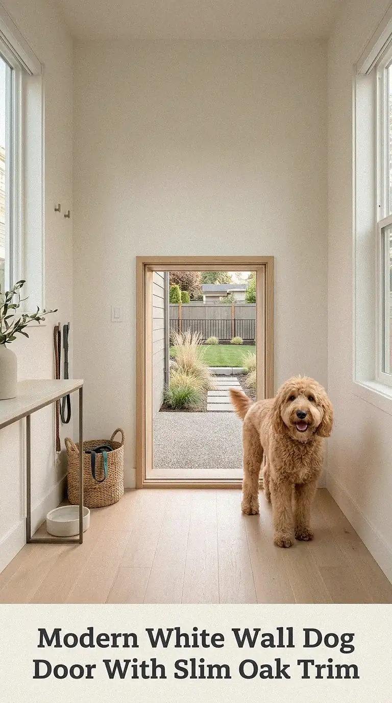 Modern White Wall Dog Door With Slim Oak Trim