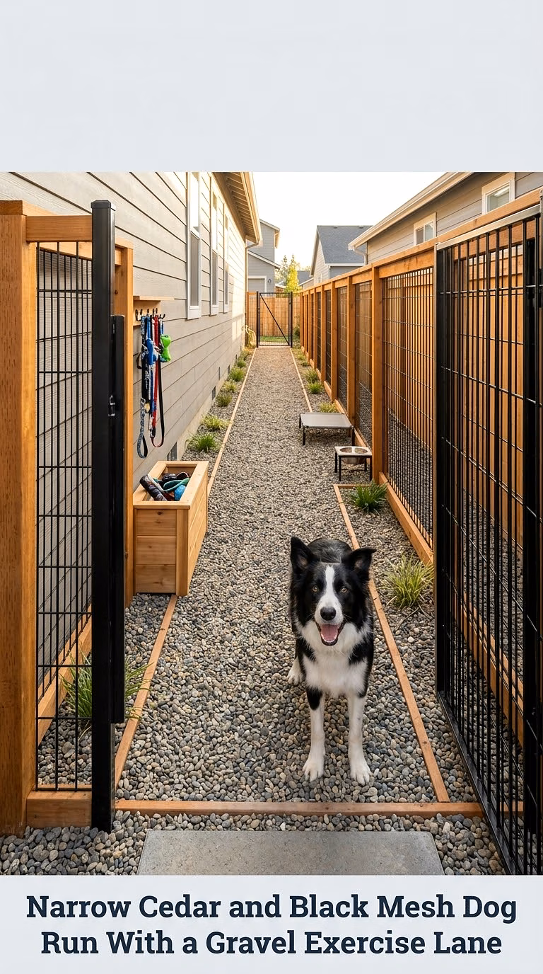 Narrow Cedar and Black Mesh Dog Run With a Gravel Exercise Lane