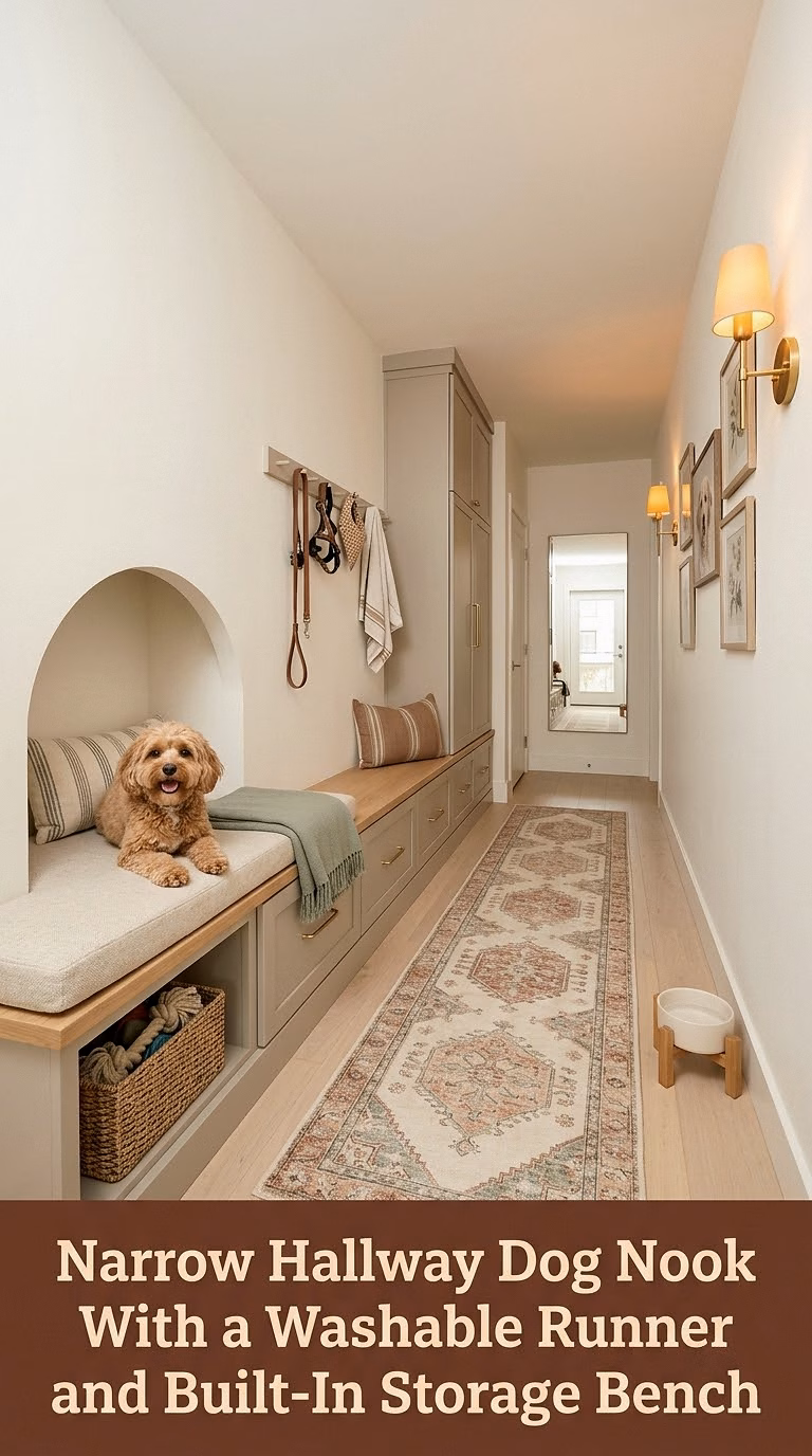 1. Narrow Hallway Dog Nook With a Washable Runner and Built-In Storage Bench