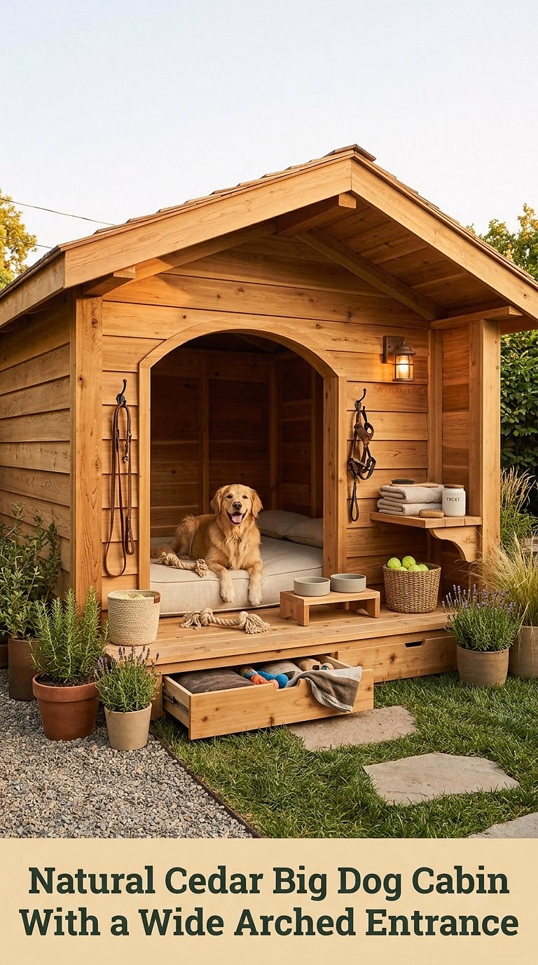1. Natural Cedar Big Dog Cabin With a Wide Arched Entrance