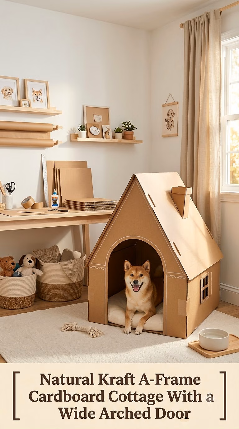 Natural Kraft A-Frame Cardboard Cottage With a Wide Arched Door