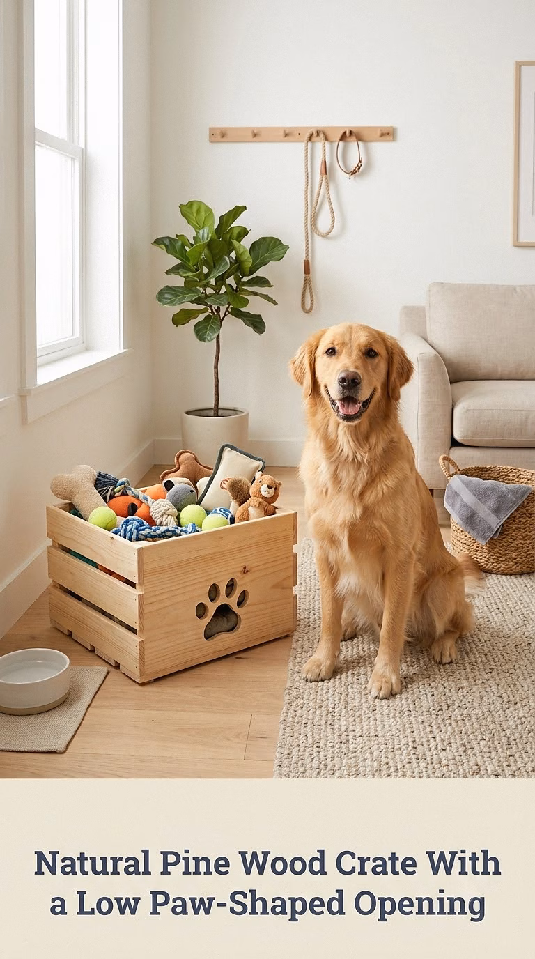 Natural Pine Wood Crate With a Low Paw-Shaped Opening