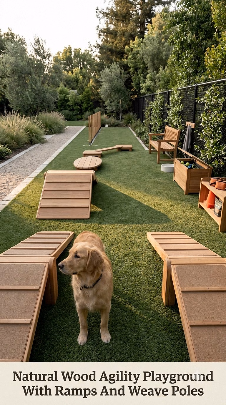 Natural Wood Agility Playground With Ramps And Weave Poles
