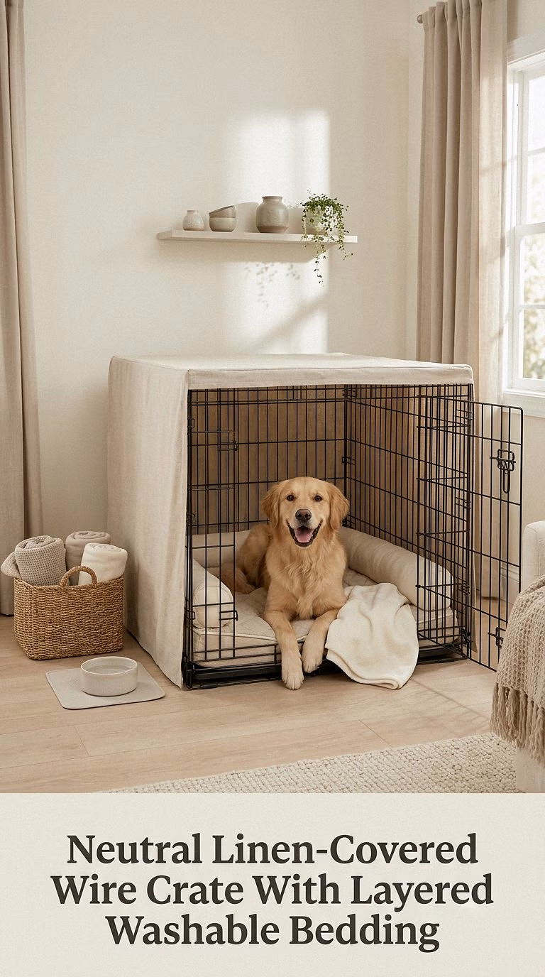 Neutral Linen-Covered Wire Crate With Layered Washable Bedding