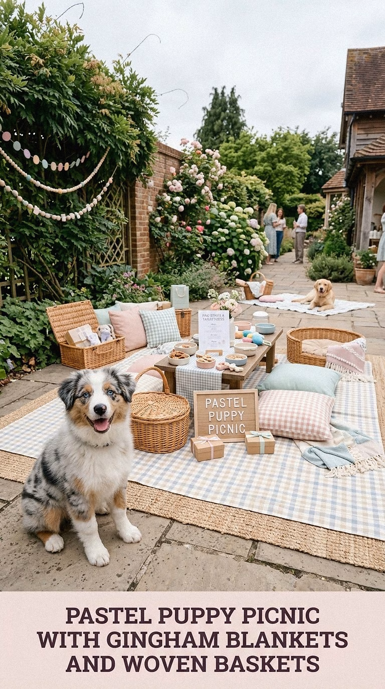 Pastel Puppy Picnic With Gingham Blankets and Woven Baskets
