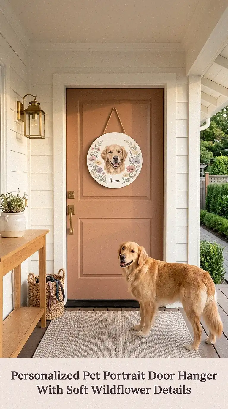 Personalized Pet Portrait Door Hanger With Soft Wildflower Details