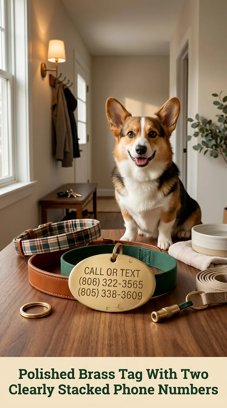 Polished Brass Tag With Two Clearly Stacked Phone Numbers