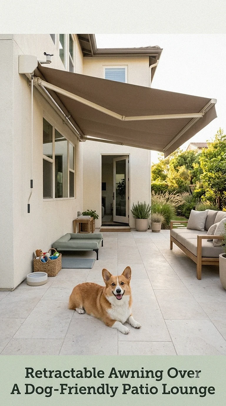 Retractable Awning Over A Dog-Friendly Patio Lounge