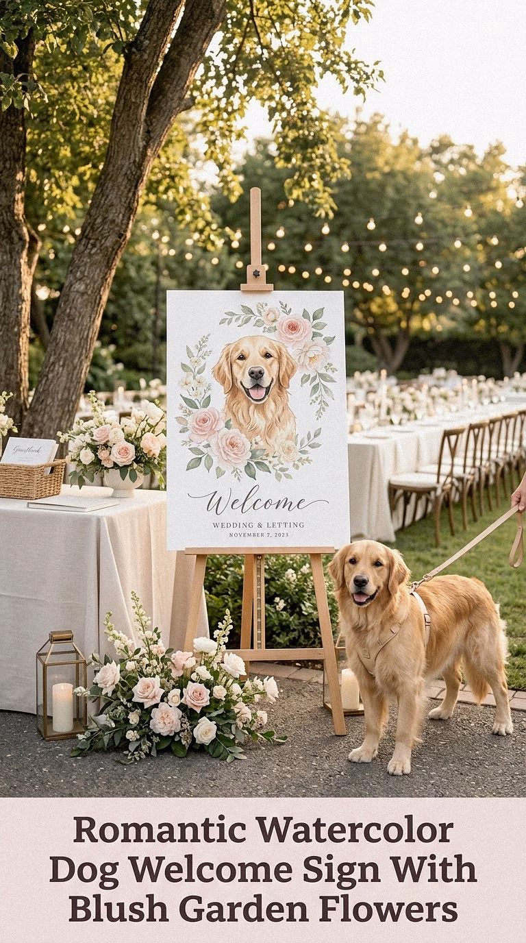 Romantic Watercolor Dog Welcome Sign With Blush Garden Flowers