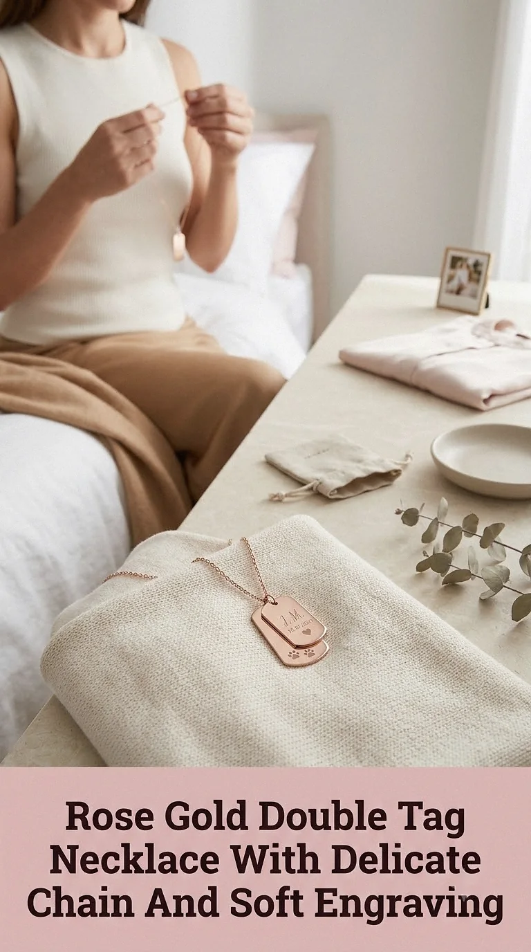 Rose Gold Double Tag Necklace With Delicate Chain And Soft Engraving