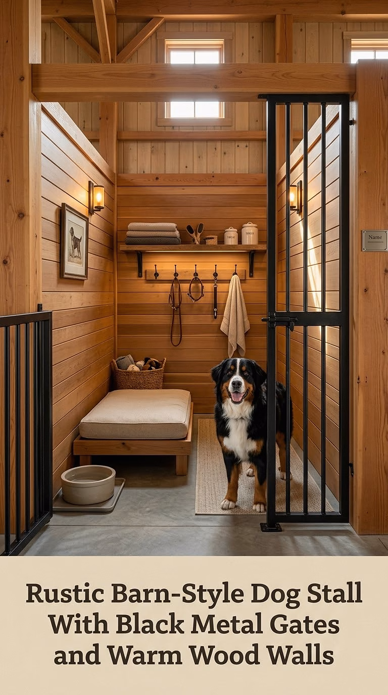 Rustic Barn-Style Dog Stall With Black Metal Gates and Warm Wood Walls