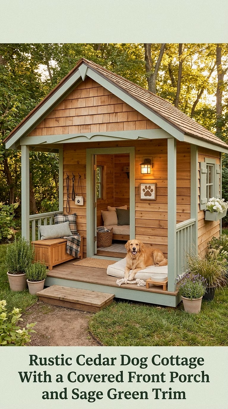 1. Rustic Cedar Dog Cottage With a Covered Front Porch and Sage Green Trim