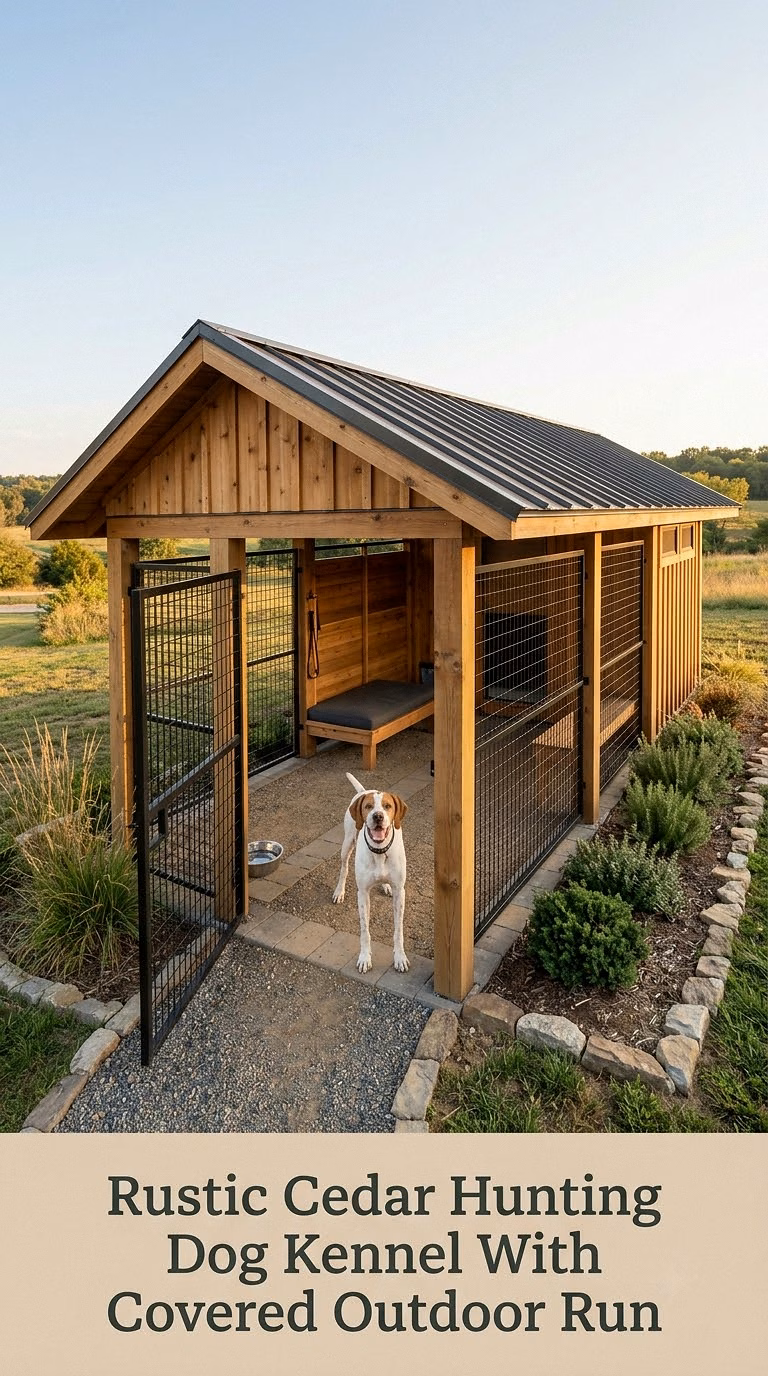 Rustic Cedar Hunting Dog Kennel With Covered Outdoor Run