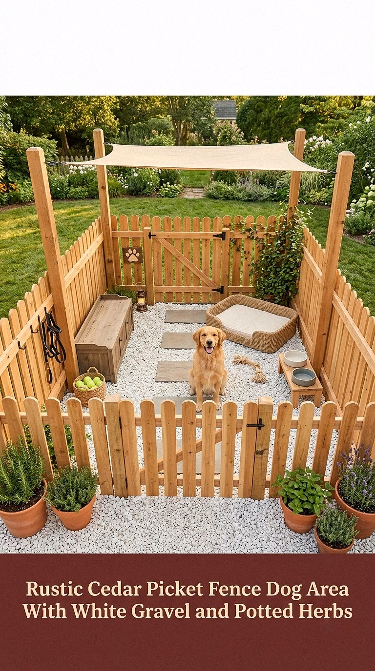 1. Rustic Cedar Picket Fence Dog Area With White Gravel and Potted Herbs