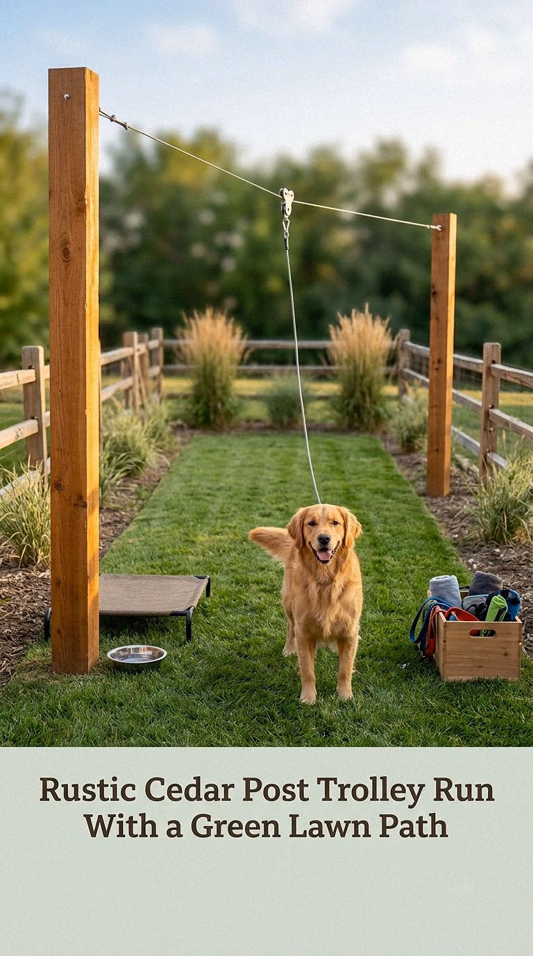 Rustic Cedar Post Trolley Run With a Green Lawn Path