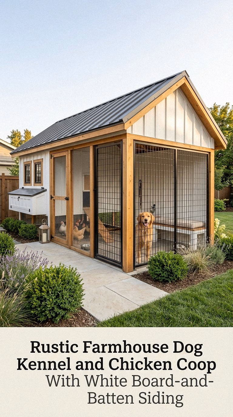 Rustic Farmhouse Dog Kennel and Chicken Coop With White Board-and-Batten Siding