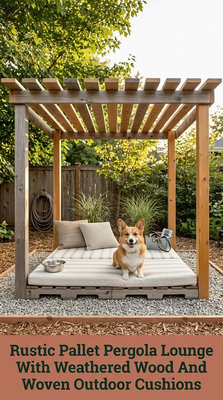 Rustic Pallet Pergola Lounge With Weathered Wood And Woven Outdoor Cushions