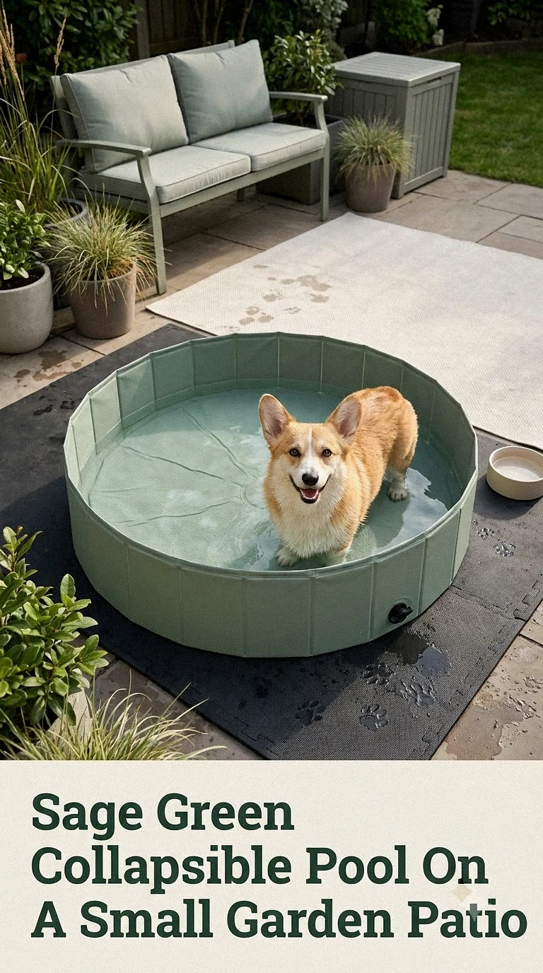 Sage Green Collapsible Pool On A Small Garden Patio