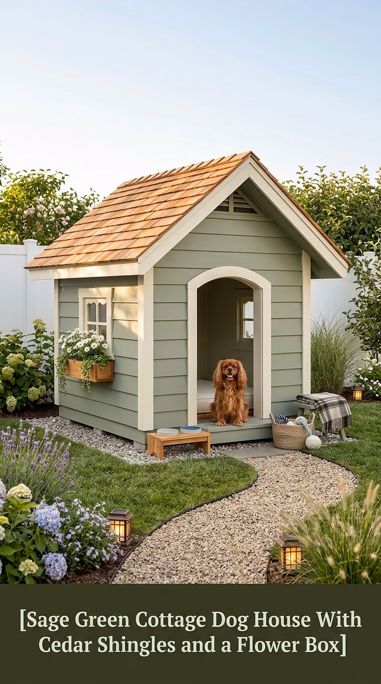 1. Sage Green Cottage Dog House With Cedar Shingles and a Flower Box