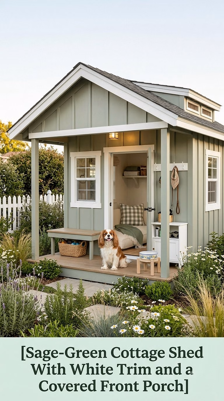 1. Sage-Green Cottage Shed With White Trim and a Covered Front Porch