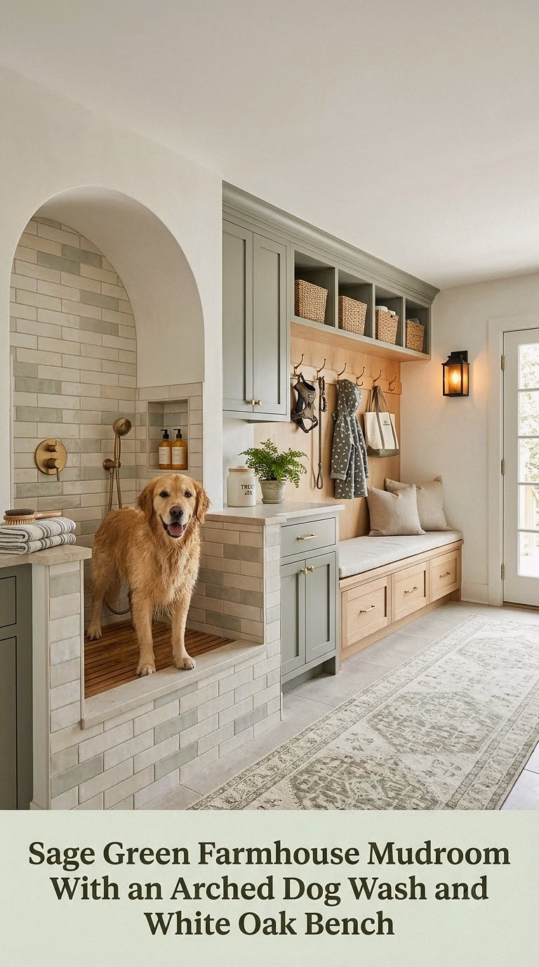 Sage Green Farmhouse Mudroom With an Arched Dog Wash and White Oak Bench