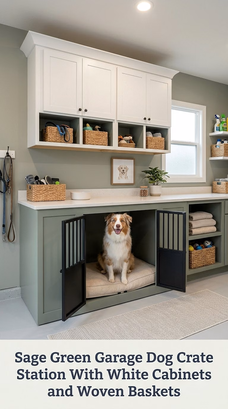 Sage Green Garage Dog Crate Station With White Cabinets and Woven Baskets