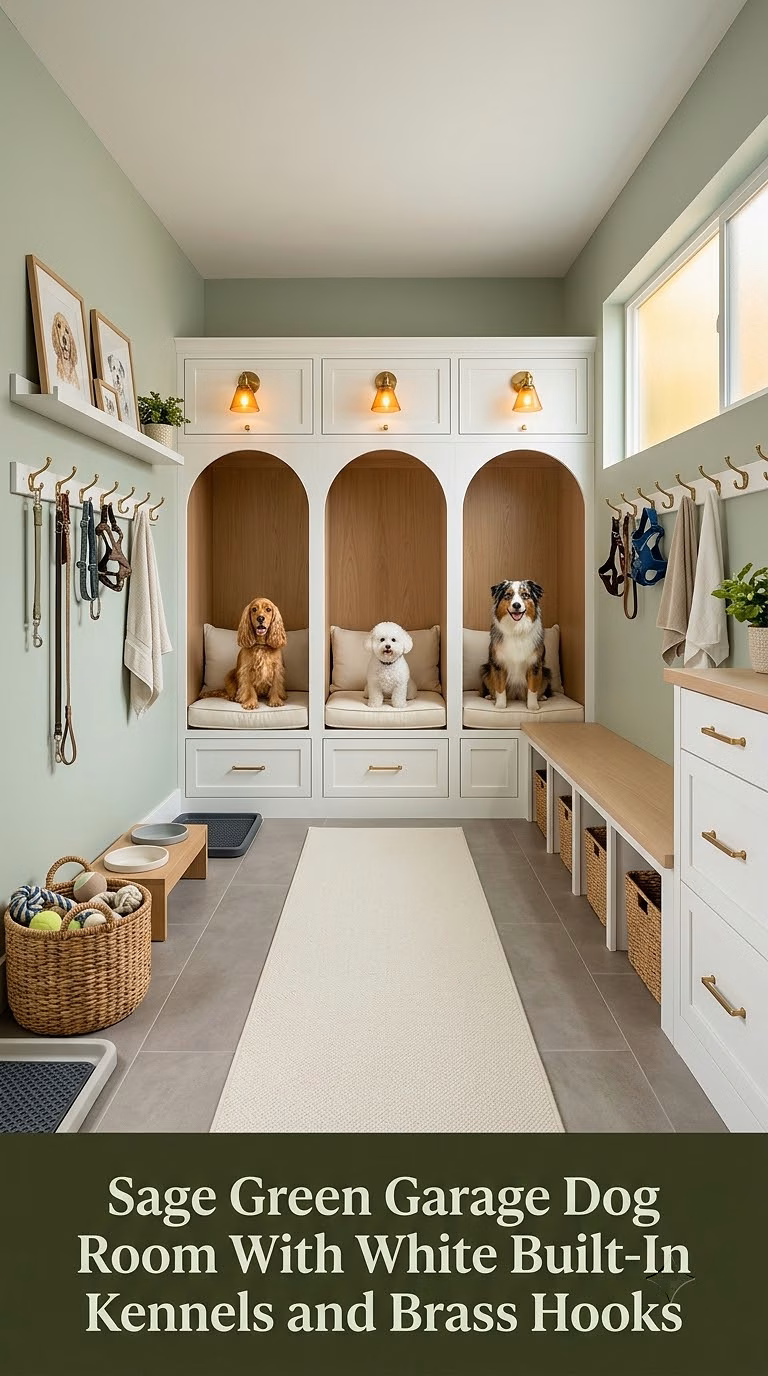 1. Sage Green Garage Dog Room With White Built-In Kennels and Brass Hooks
