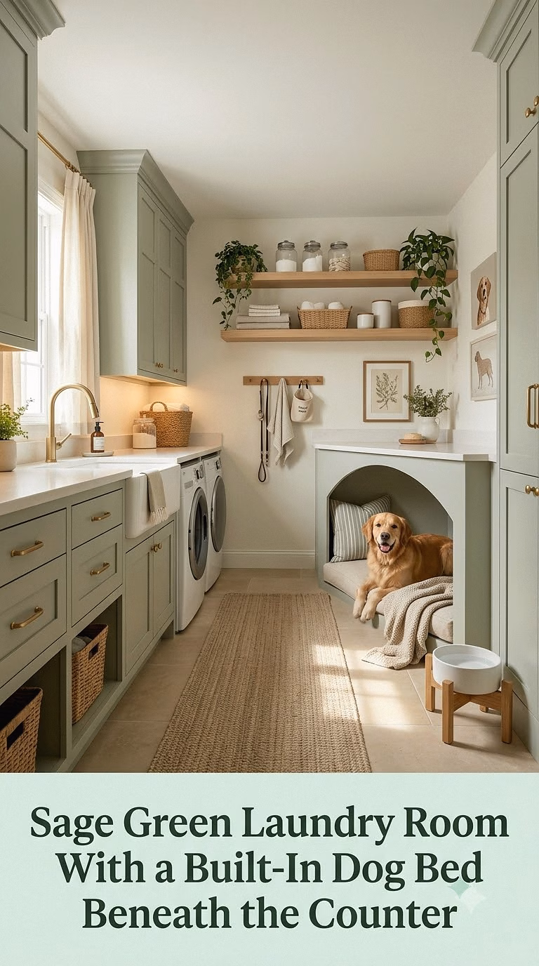 1. Sage Green Laundry Room With a Built-In Dog Bed Beneath the Counter