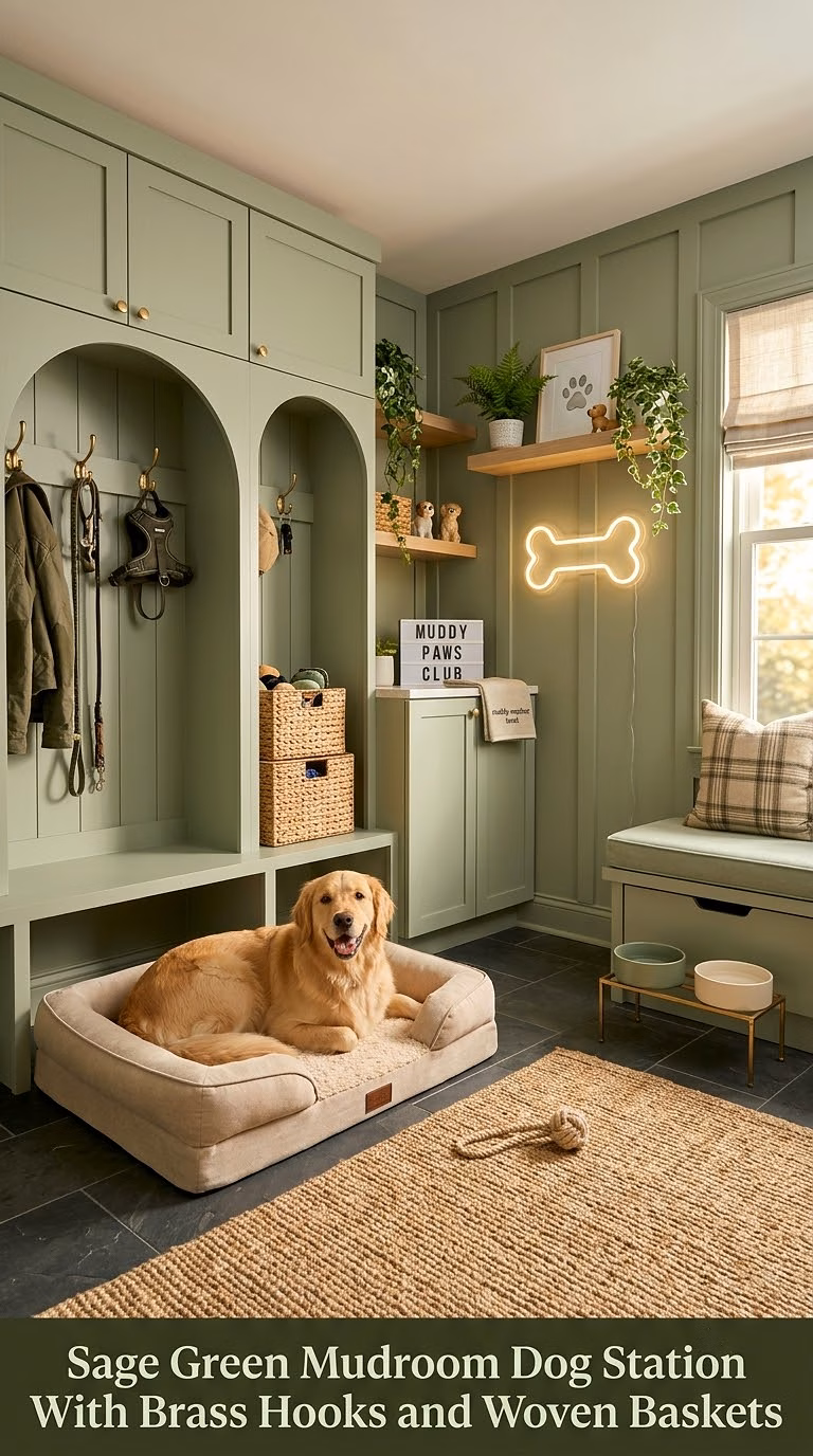 1. Sage Green Mudroom Dog Station With Brass Hooks and Woven Baskets