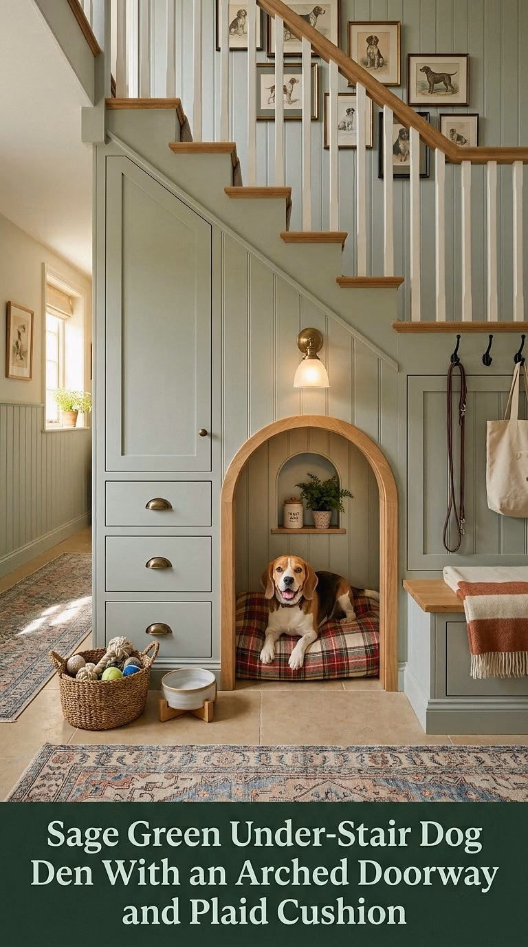 1. Sage Green Under-Stair Dog Den With an Arched Doorway and Plaid Cushion