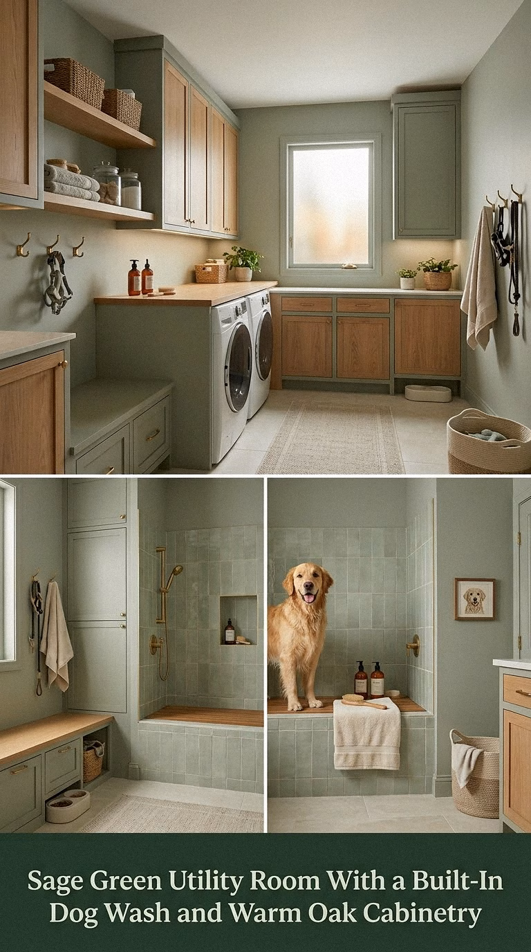 1. Sage Green Utility Room With a Built-In Dog Wash and Warm Oak Cabinetry