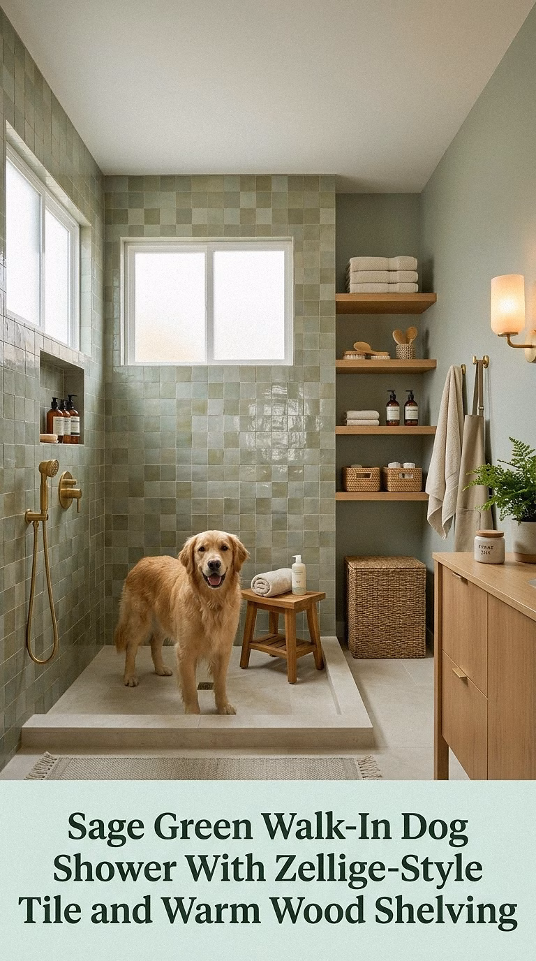 1. Sage Green Walk-In Dog Shower With Zellige-Style Tile and Warm Wood Shelving