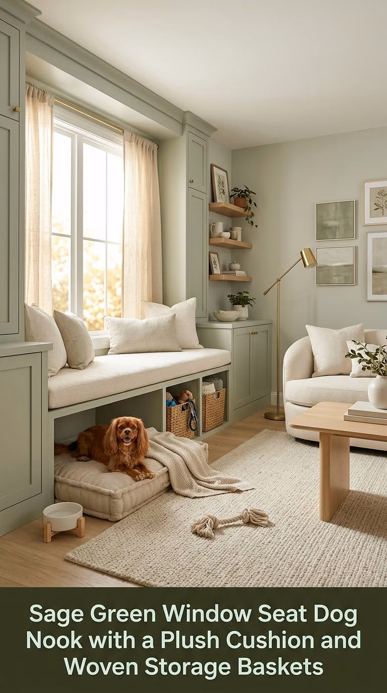 1. Sage Green Window Seat Dog Nook with a Plush Cushion and Woven Storage Baskets
