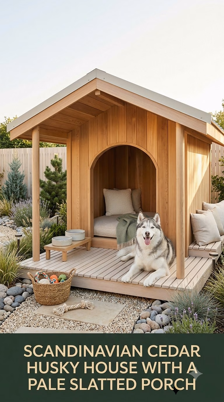 1. Scandinavian Cedar Husky House With a Pale Slatted Porch
