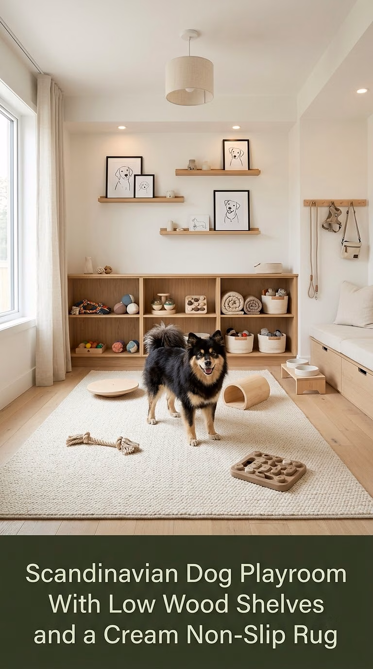 1. Scandinavian Dog Playroom With Low Wood Shelves and a Cream Non-Slip Rug