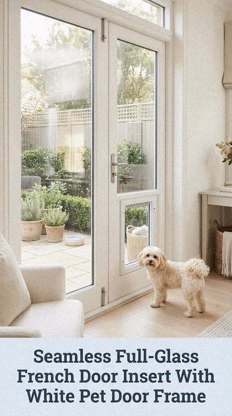 Seamless Full-Glass French Door Insert With White Pet Door Frame
