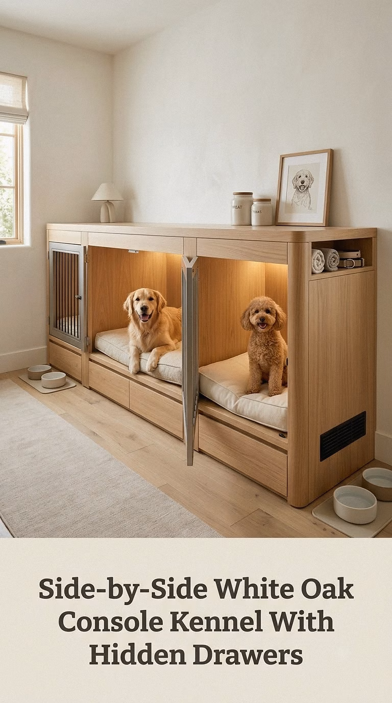 Side-by-Side White Oak Console Kennel With Hidden Drawers