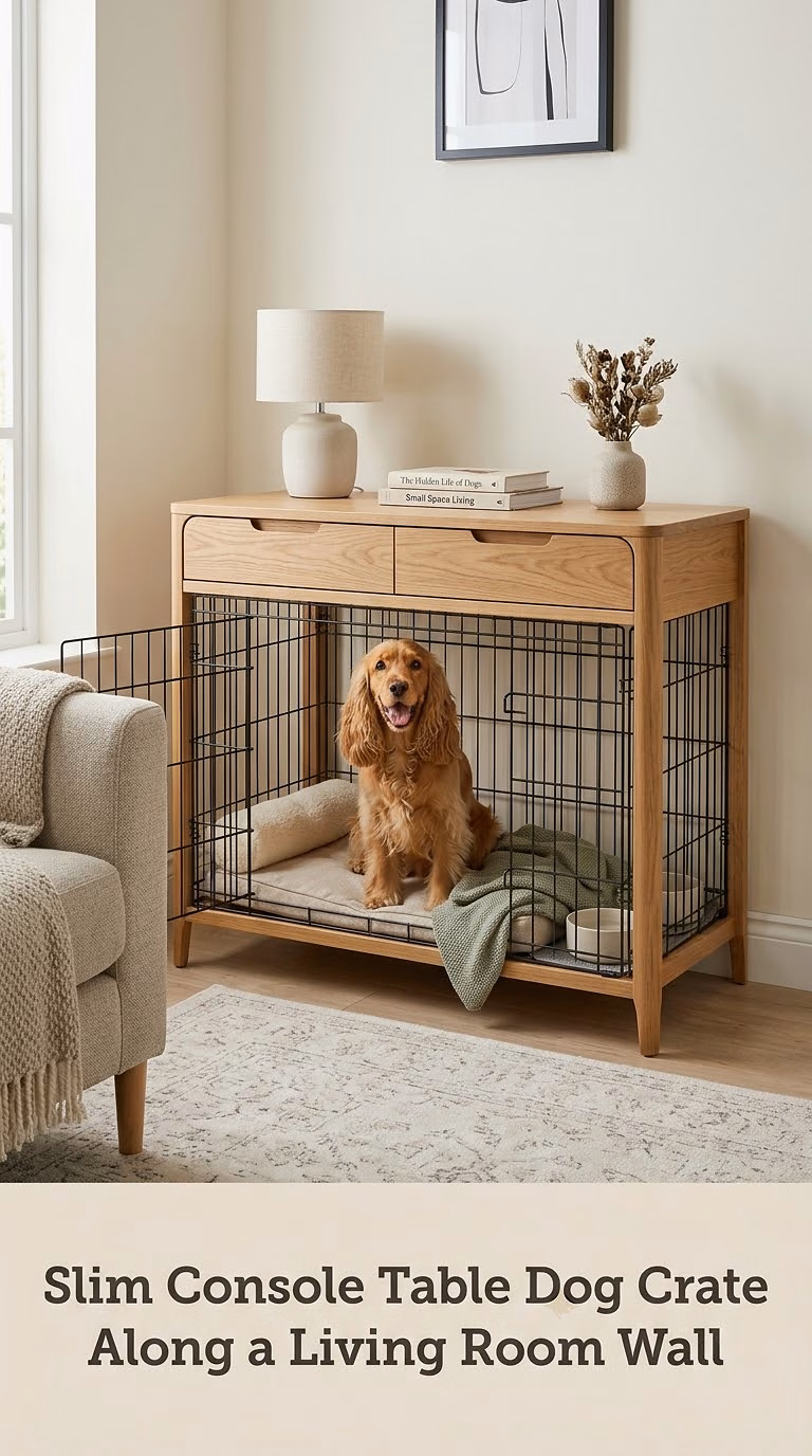 Slim Console Table Dog Crate Along a Living Room Wall