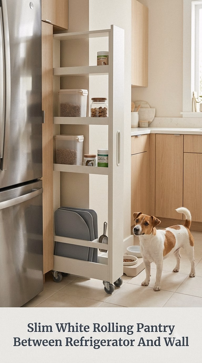 Slim White Rolling Pantry Between Refrigerator And Wall