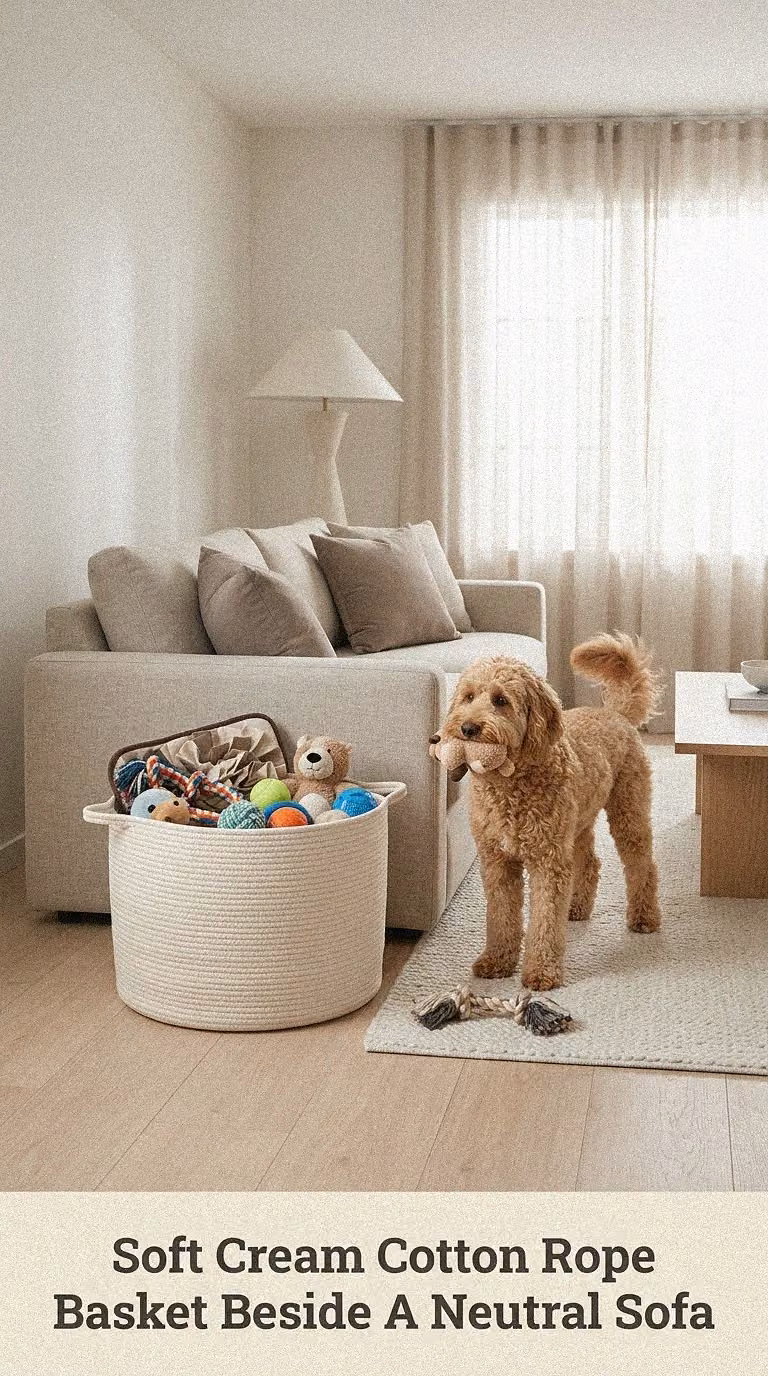 Soft Cream Cotton Rope Basket Beside A Neutral Sofa