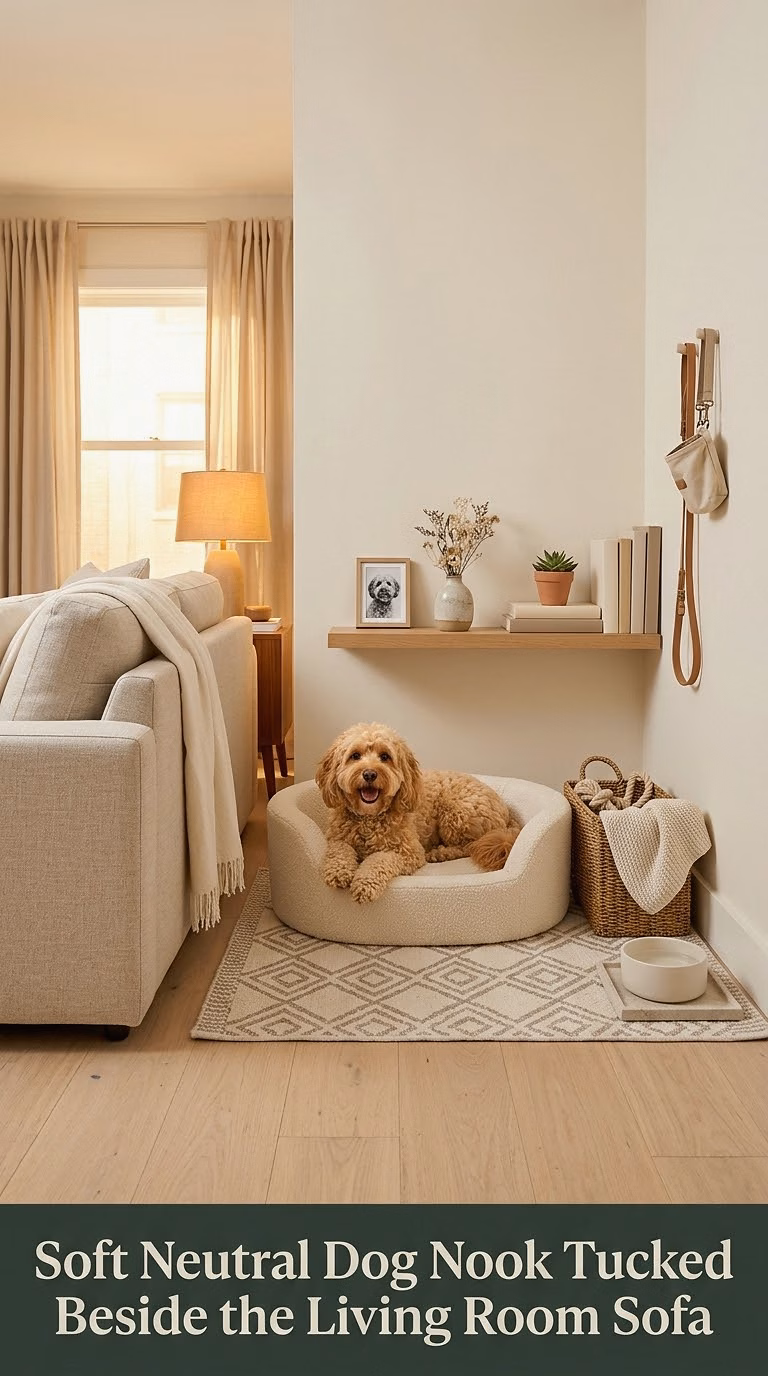 1. Soft Neutral Dog Nook Tucked Beside the Living Room Sofa