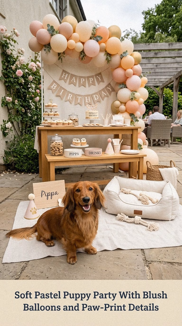 Soft Pastel Puppy Party With Blush Balloons and Paw-Print Details