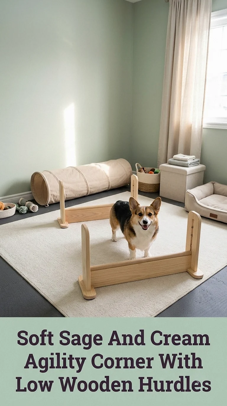 Soft Sage And Cream Agility Corner With Low Wooden Hurdles