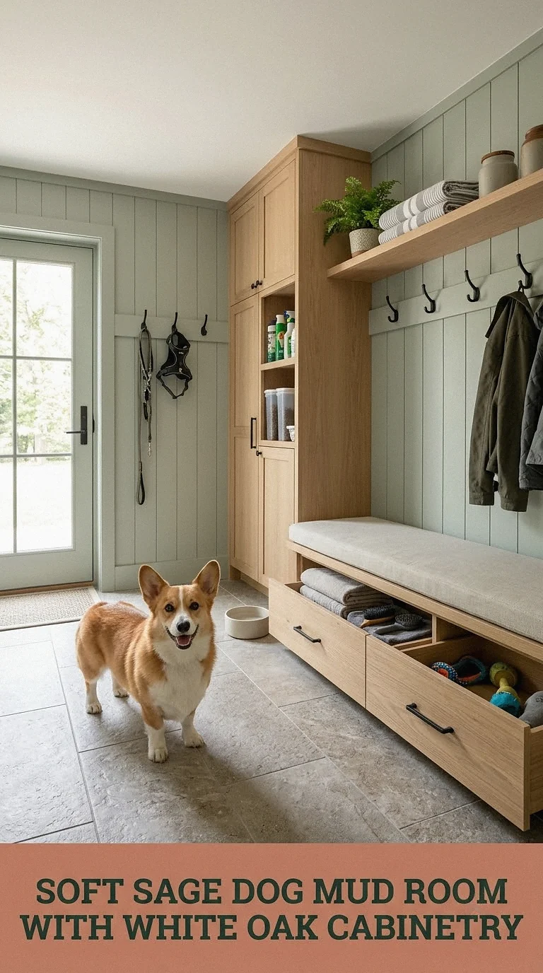 Soft Sage Dog Mud Room With White Oak Cabinetry